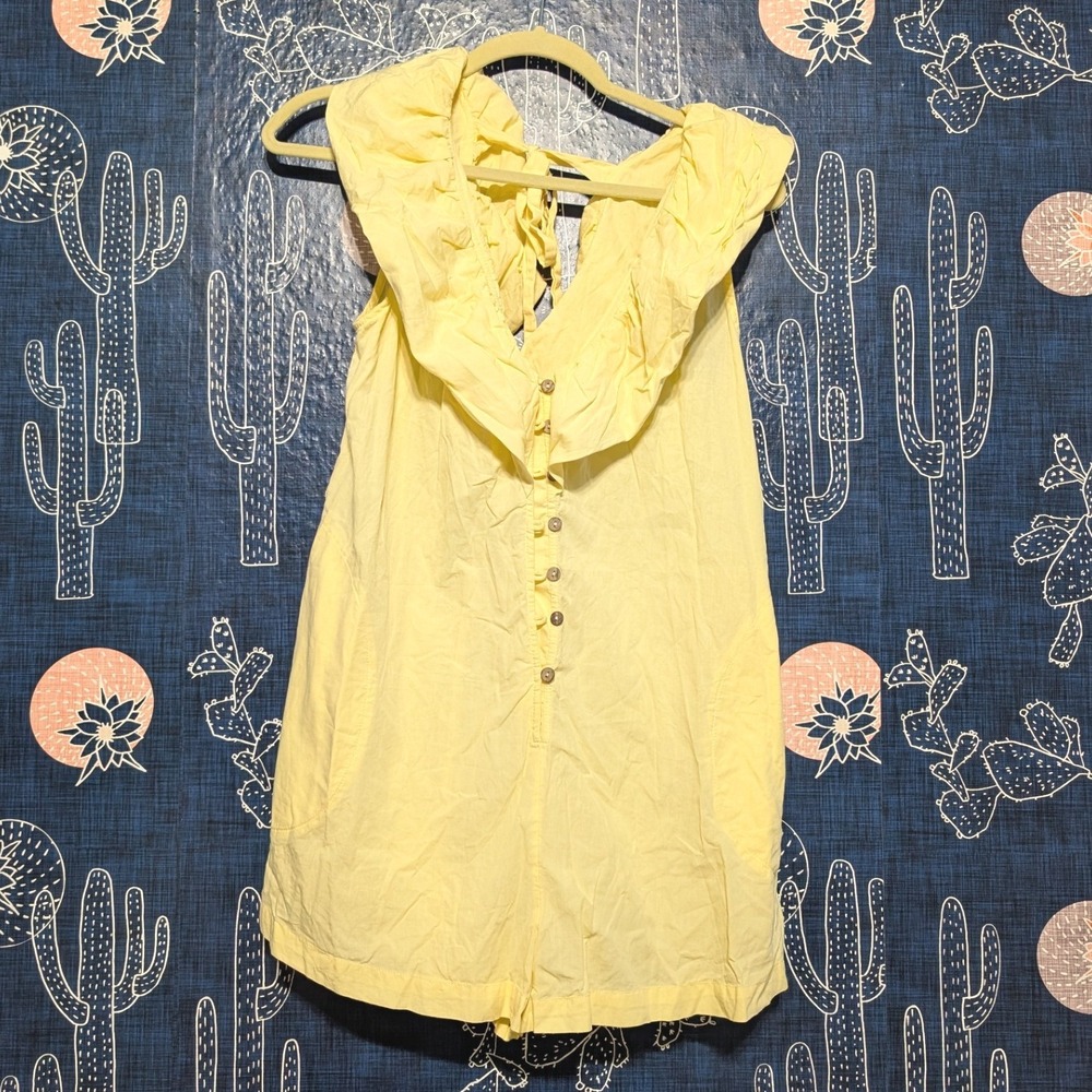 Free People Darling Yellow Ruffle V-Neck Button Front Cotton Romper Small
